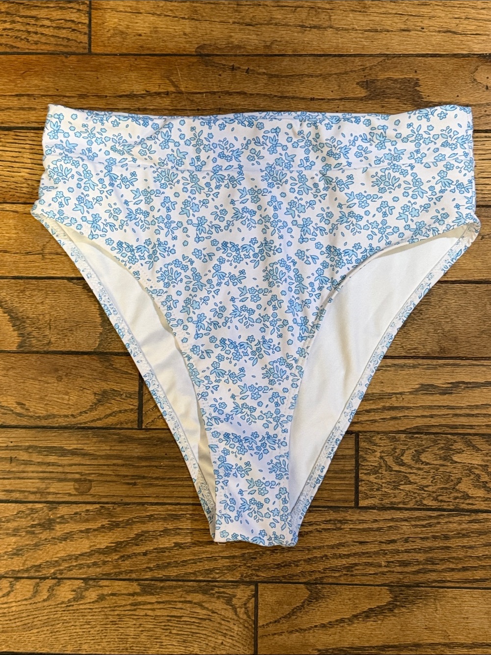 High-Waist Floral Bikini Bottoms in White and Light Blue